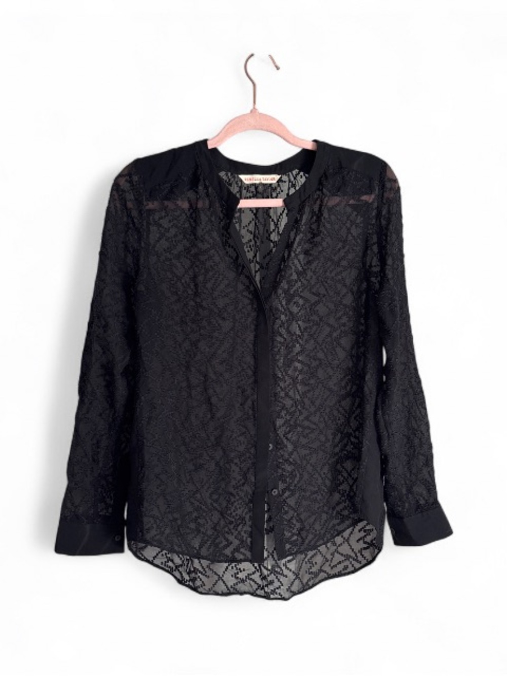 Rebecca Taylor Y2K Black Textured Button-Front Blouse Silk Blend Sheer Top Sz 4